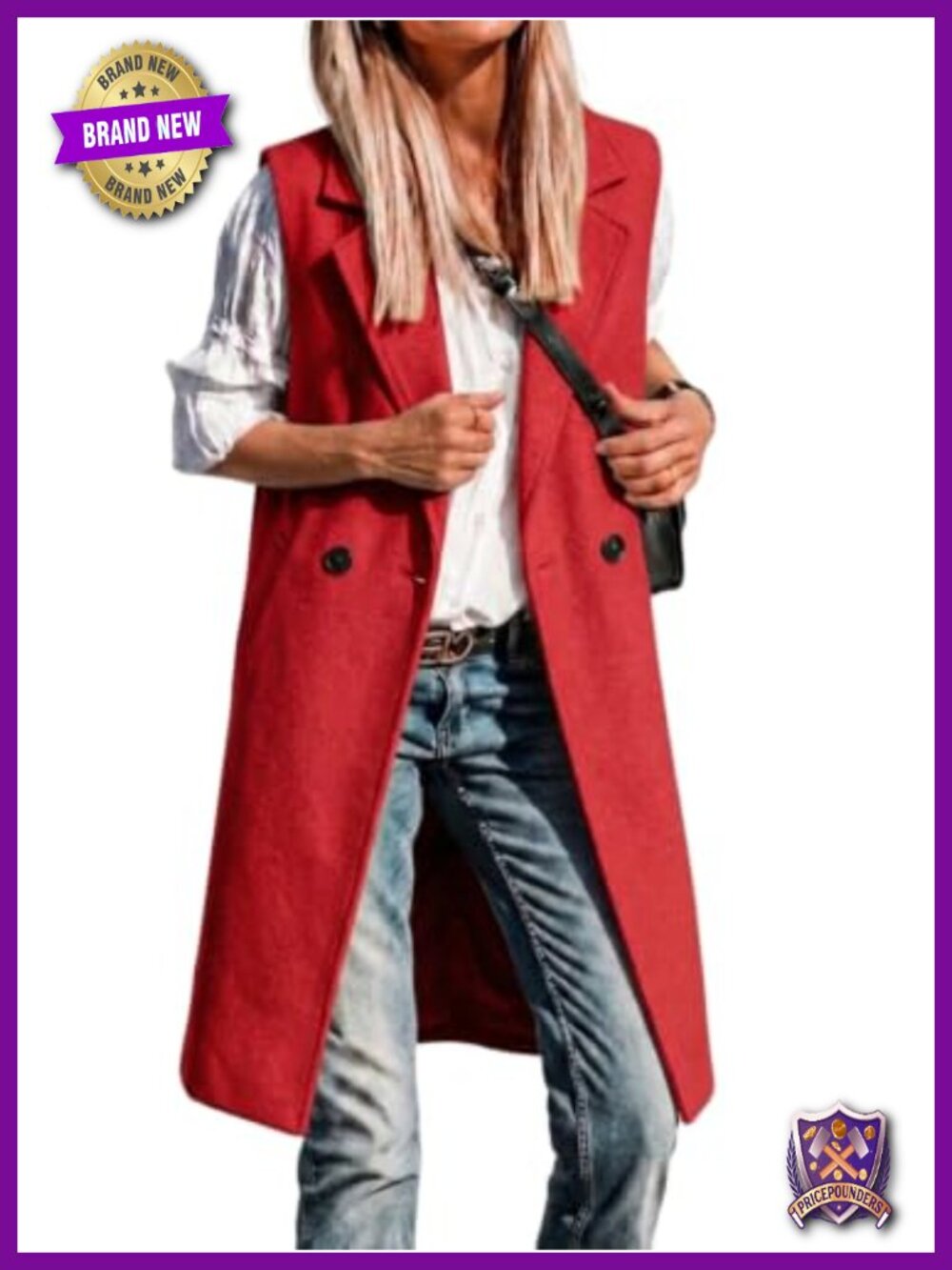 Wool Blend Long Vest Sleeveless Notch Lapel Knee Length Peacoat Women's
